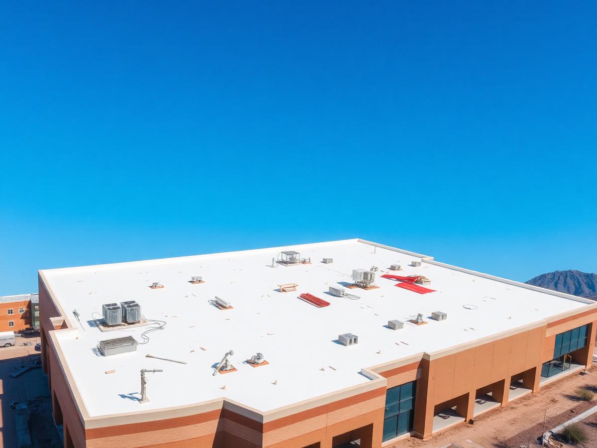 New white membrane roof on a large retail building under construction